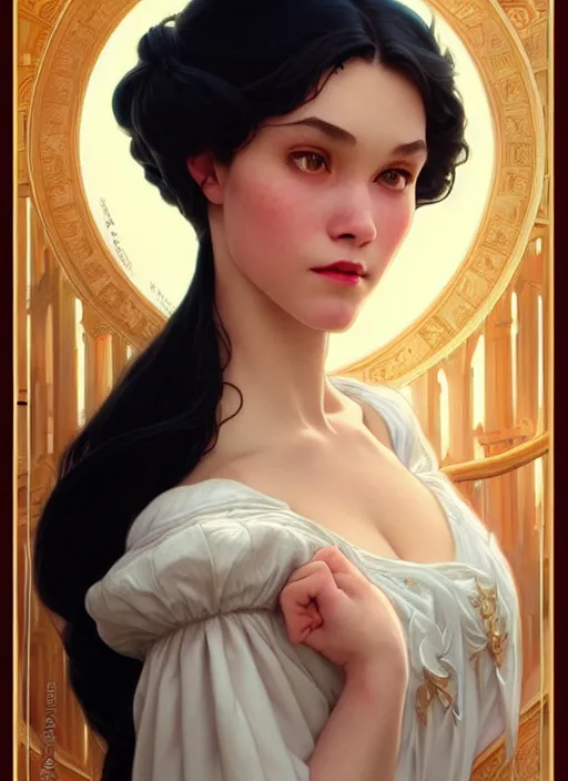 Image similar to portrait of disney snowhite, intricate, elegant, highly detailed, my rendition, digital painting, artstation, concept art, smooth, sharp focus, illustration, art by artgerm and greg rutkowski and alphonse mucha and uang guangjian and gil elvgren and sachin teng, symmetry!!