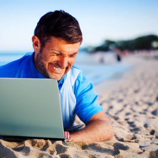 Image similar to photo of happy man working on laptop at beach, perfect face, fine details, 4 k, bokeh