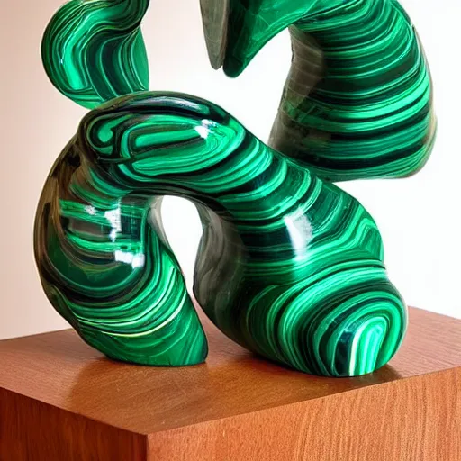 Prompt: abstract carved malachite sculpture, wiggly non rational shapes, fluid and dynamic, sharp and smooth, product photo