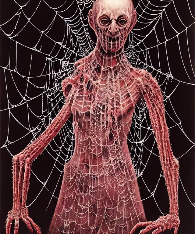 Image similar to a detailed creepy woman with many spider hands stands among the web. wearing a ripped mantle, robe. perfect faces, extremely high details, realistic, fantasy art, solo, masterpiece, art by hermann nitsch, zdzislaw beksinski, dariusz zawadzki, giger, dragan bibin, ed binkley