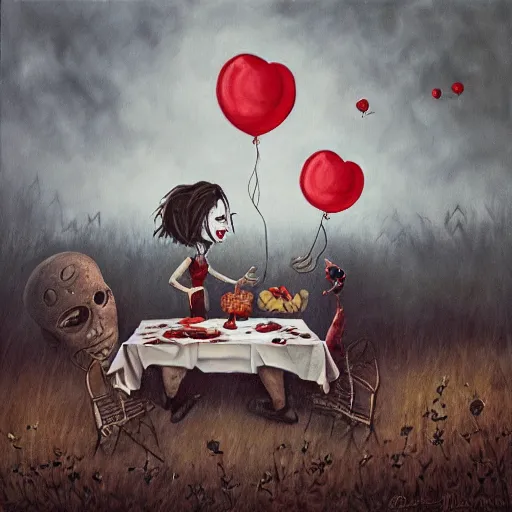 Prompt: grunge painting of a picnic with a wide smile and a red balloon by chris leib, loony toons style, pennywise style, corpse bride style, horror theme, detailed, elegant, intricate, conceptual, volumetric light