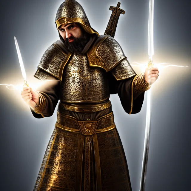 Prompt: photo of a holy cleric warrior with light powers, highly detailed, 4 k, hdr, smooth, sharp focus, high resolution, award - winning photo