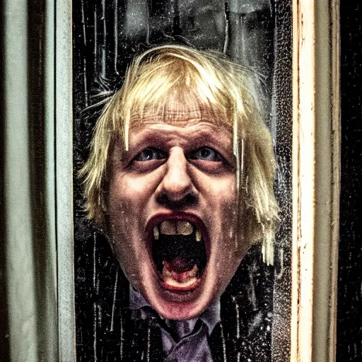 Prompt: photo of the inside of a dark old rainy bedroom window at night, dimly lit creepy | screaming face of boris johnson staring in through the window, bloody hands, horror, scary face, demonic face,