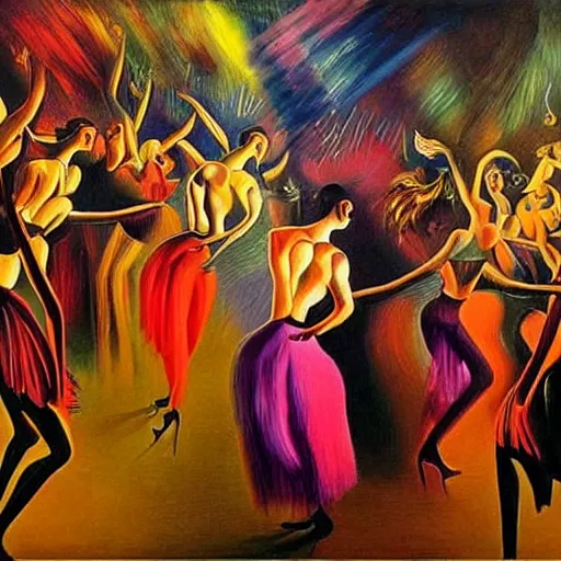 Prompt: dark dancing silhuettes in a dance club, colorful lights, dramatic lighting, a lot of energy, oil painting by salvador dali