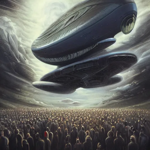 Prompt: thousands of people next to a big spaceship, fantasy art