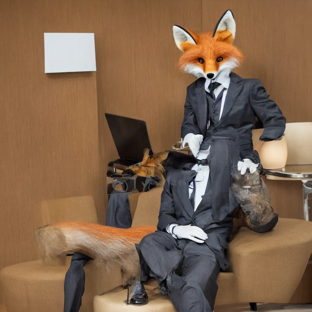 Prompt: anthropomorphic fox in suit sitting in the lobby of a futuristic hotel, anthro, furry