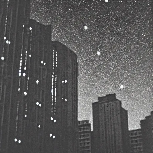 Prompt: analog photograph of a concrete cityscape during a meteor shower, film grain, color bleed, bokeh, depth of field