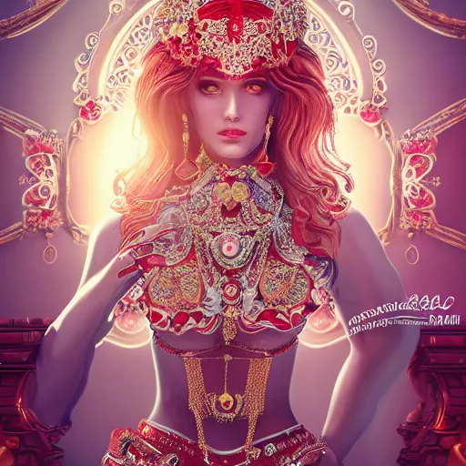 Image similar to wonderful princess with smooth fair skin, alluring eyes, red jewelry, breathtaking, elegant, intricate, ornate backdrop, hyper detailed, accent lighting, 4 k glamour photography, octane render