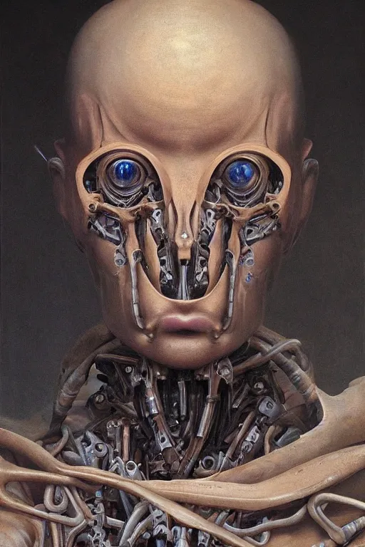 Prompt: beautiful rennaisance clean oil painting biomechanical portrait of young man face with one robotic eye by wayne barlowe, rembrandt, complex, stunning, realistic, skin color