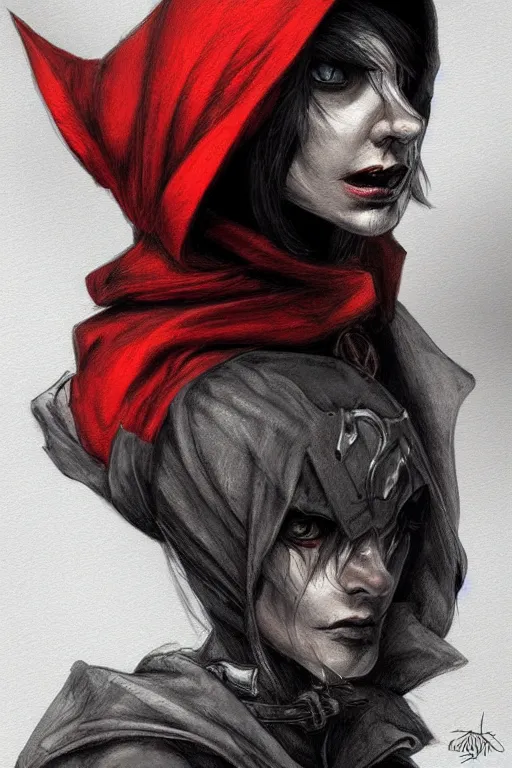 Image similar to thief red riding hood, d & d, fantasy, portrait, highly detailed, headshot, digital painting, trending on artstation, concept art, sharp focus, illustration, in travis charest style