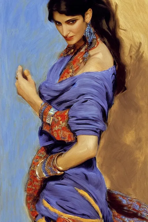 Image similar to monica bellucci as a persian girl with arabesque blue and golden detailed scarf near and mexican palms, painting by john singer sargent