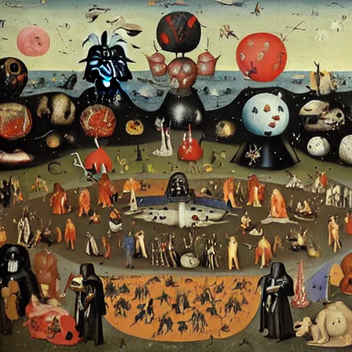 Prompt: highly detailed painting of darth vader in the garden of earthly delights by hieronymus bosch
