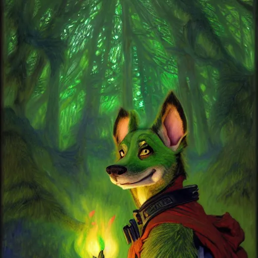 Image similar to a portrait of a male green canine dragon in starfleet uniform at night in a dark forest. zootopia fursona furaffinity furry art detailed face painting by gaston bussiere craig mullins jc leyendecker gustav klimt artgerm greg rutkowski furry