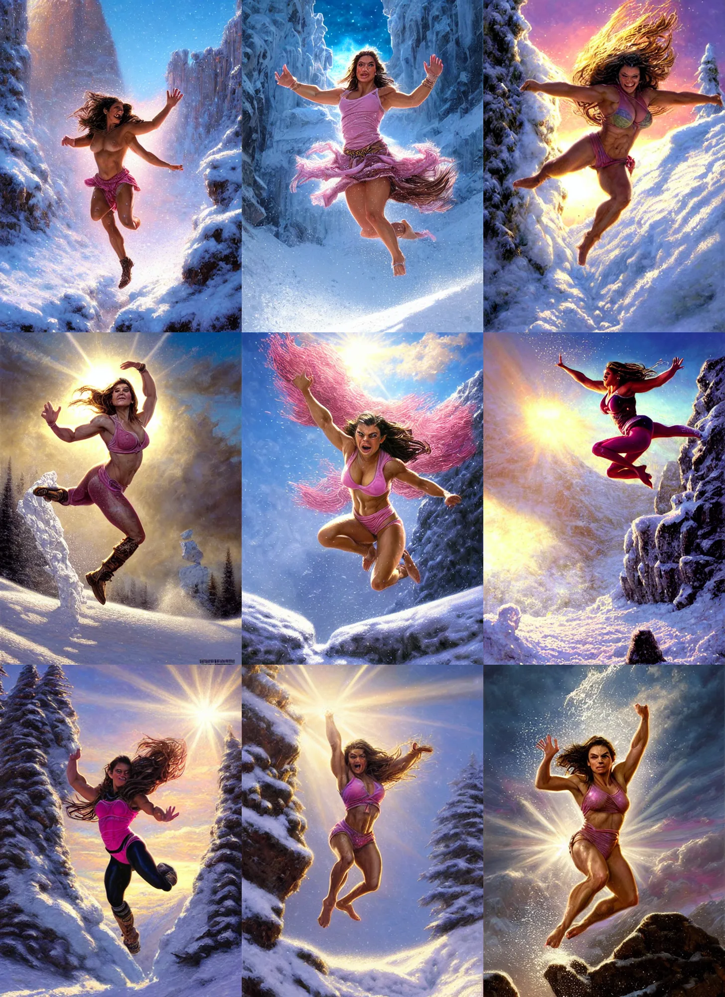 Prompt: epic portrait of muscled Mila Kunis jumping into deep snow, ancient ruins, prism sun rays through wind swept snow, pink golden hour, intricate, highly detailed, epic vista, very crispy, Ralph Horsley, Daniel F. Gerhartz, Artgerm, Boris Villajo, Lilia Alvarado