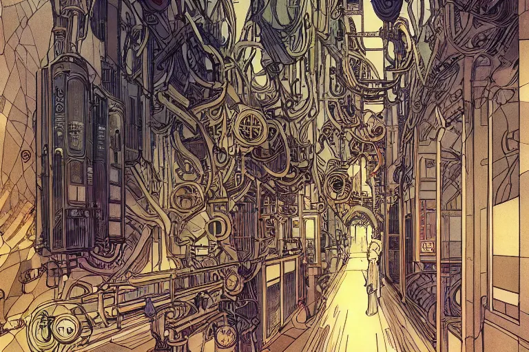 Image similar to front view on steampunk hallway, kid and mad scientist walking, giant video screens, sci - fi, big interior plants, retrofuturism, concept art by mucha and moebius and victo ngai, architecture by francois schuiten, clean line, diesel punk, artstation