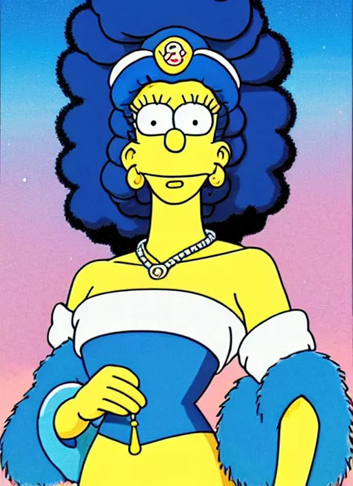 Image similar to perfectly centered realistic picture of marge simpson as a sailor moon, calls on the phone at futuristic office, highly detailed, 8 0 - s style poster, sharp focus, illustration, art by kawase hasui,