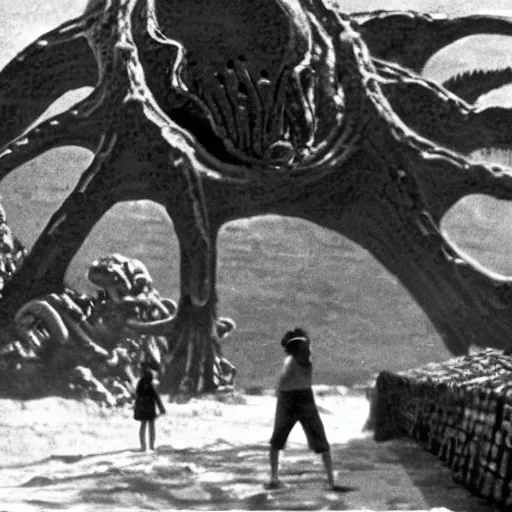 Image similar to a couple escaping from a giant Kaiju Starfish Monster over a traditional Korean village, minimal cinematography by Akira Kurosawa, movie filmstill, film noir, thriller by Kim Jong-il and Shin Sang-ok