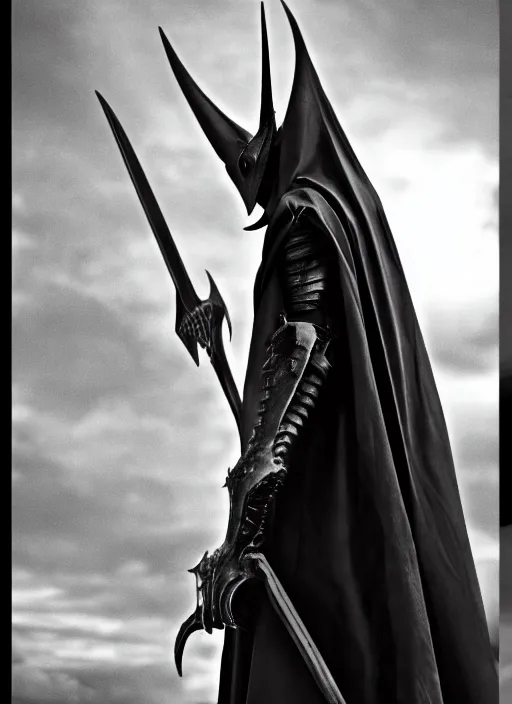 Image similar to the dark lord sauron, in the style of akira kurosawa, cinema, sharp focus, black and white, film grain, photographic