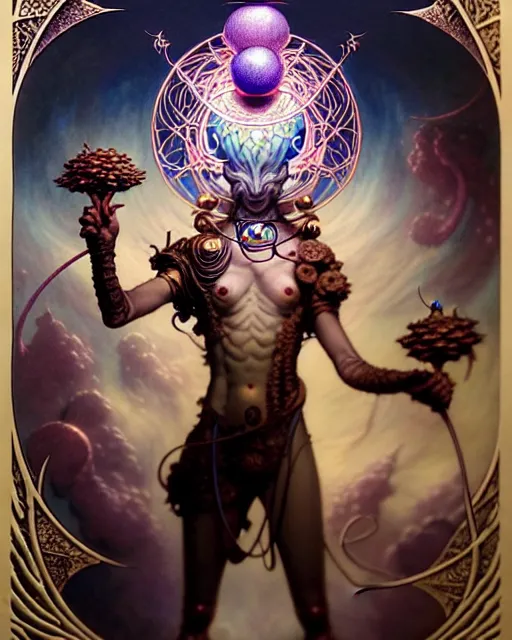 Image similar to the fool tarot card, fantasy character portrait made of fractals, ultra realistic, wide angle, intricate details, the fifth element artifacts, highly detailed by peter mohrbacher, hajime sorayama, wayne barlowe, boris vallejo, aaron horkey, gaston bussiere, craig mullins