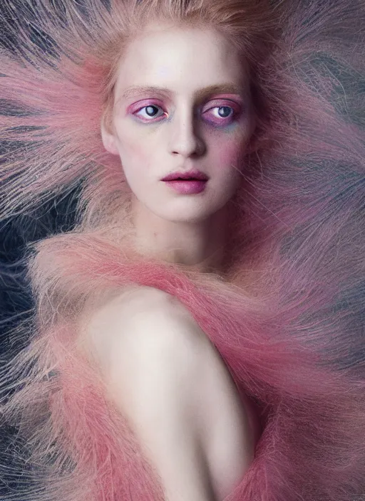 Image similar to Kodak Portra 400, 8K, soft light, volumetric lighting, highly detailed, fine art portrait photography in style of Paolo Roversi, britt marling style 3/4 face morphing with tropical pastel colors fishes, metamorphosis complex 3d render , 150 mm lens, art nouveau fashion embroidered, intricate details, elegant, hyper realistic, ultra detailed, octane render, etheric, outworldly colours, emotionally evoking, head in focus, fantasy, ornamental, intricate, elegant, 8K, soft light, volumetric lighting, highly detailed, Refined, Highly Detailed, soft lighting colors scheme, fine art photography, Hyper realistic, photo realistic