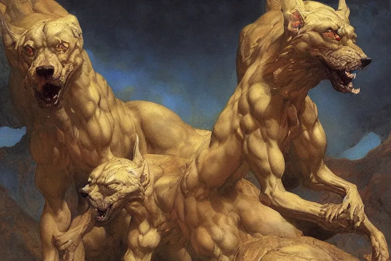 Image similar to hyperdetailed matte art of cerberus by william blake, ilya repin, amano, rene magritte, craig mullins