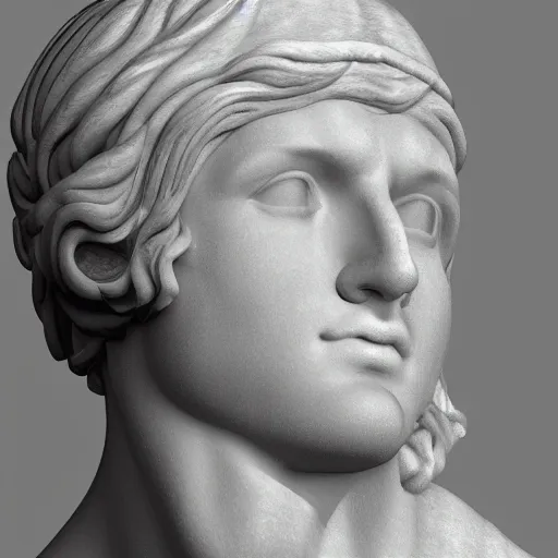 Prompt: a neon ring around the head of a greek god marble statue, 3 d render