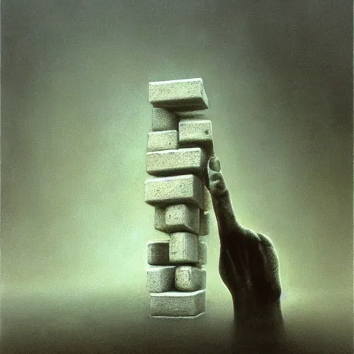 Prompt: arm reaching out of thick fog, marble blocks in the background, zdzislaw beksinski