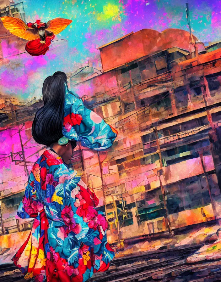 Image similar to semi semi realistic digital painting!! beautiful geisha flying over a colorful train yard, dramatic, xray melting colors!! long lens, shallow depth of field, bokeh, 8 k, 3 5 mm film grain