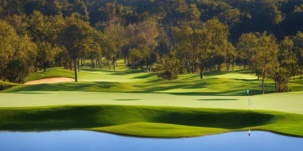 Image similar to a great photograph of the most amazing golf hole in the world completely surrounded by water, calm water, perfect light, ambient light, miniature, tilt shift lens, golf digest, top 1 0 0, fog