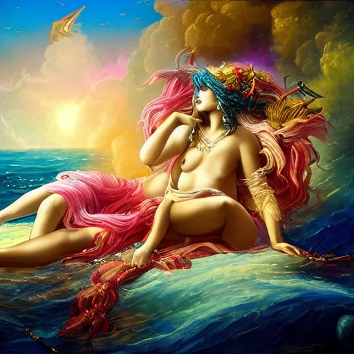 Image similar to musical sea goddess lulling pirates to sleep, beautiful composition, wide angle, colorful, cinematic, volumetric lighting, intricate details painting