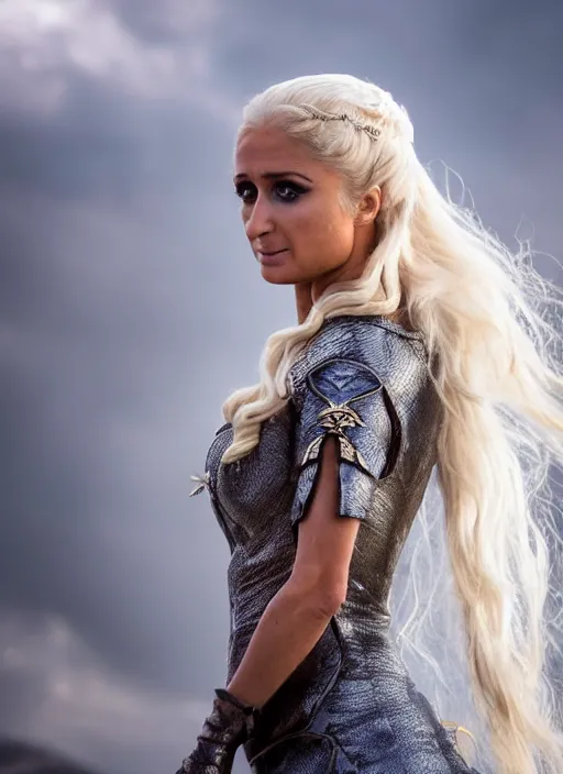 Image similar to full-body photograph of Paris Hilton as Daenerys Targaryen riding a dragon, majestic lighting, XF IQ4, 150MP, 50mm, F1.4, ISO 200, 1/160s, natural light