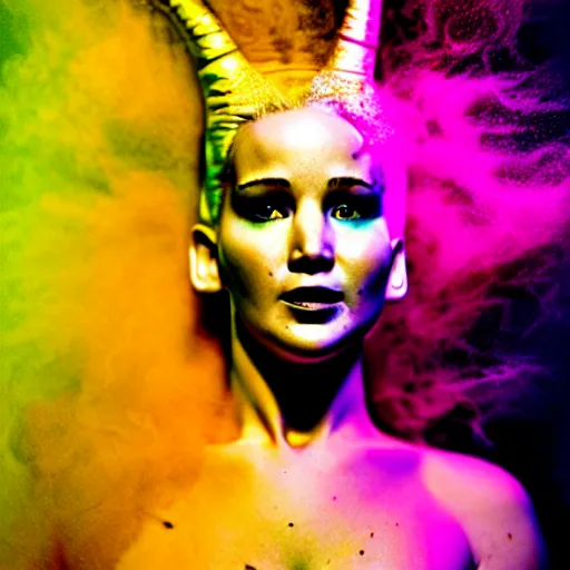 Image similar to excited jennifer lawrence as the bride of frankenstein, macro photography, glowing retinas, vaporwave, fuscia cyan yellow white powder on face, national geographic