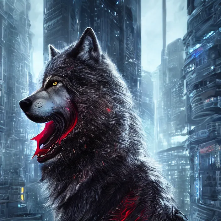 Image similar to portrait of male anthropomorphic dark gray wolf, long red hair, blue eyes, in a futuristic city, hyper detailed, digital art, trending in artstation, cinematic lighting, studio quality, smooth render, unreal engine 5 rendered, octane rendered, 1 : 1 aspect ratio