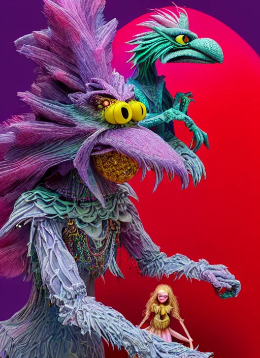 Image similar to hyper detailed 3d render like a Oil painting - kawaii portrait of two Aurora (a beautiful skeksis muppet fae princess protective playful expressive from dark crystal that looks like Anya Taylor-Joy) seen red carpet photoshoot in UVIVF posing in scaly dress to Eat of the Strangling network of yellowcake aerochrome and milky Fruit and His delicate Hands hold of gossamer polyp blossoms bring iridescent fungal flowers whose spores black the foolish stars by Jacek Yerka, Ilya Kuvshinov, Mariusz Lewandowski, Houdini algorithmic generative render, golen ratio, Abstract brush strokes, Masterpiece, Edward Hopper and James Gilleard, Zdzislaw Beksinski, Mark Ryden, Wolfgang Lettl, hints of Yayoi Kasuma and Dr. Seuss, octane render, 8k