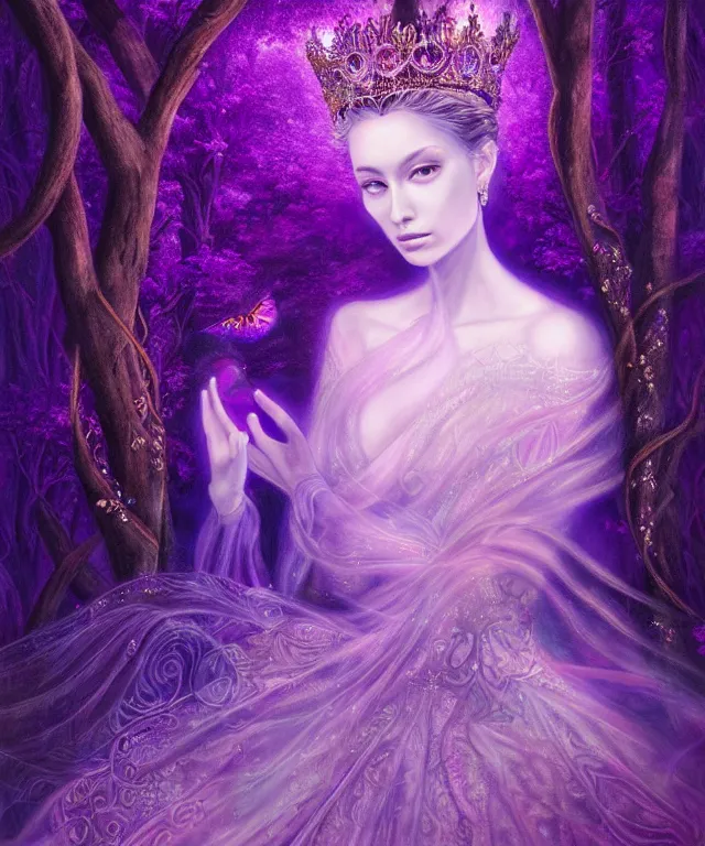 Prompt: ultra detailed, magical realism, portrait painting, of the beautiful empress within the enchanted purple forest, glowing purple, volumetric lighting, illusion, intricate details, by whitney sherman.