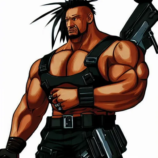 Image similar to anime portrait of dwayne johnson as barret with machine gun arm from final fantasy 7