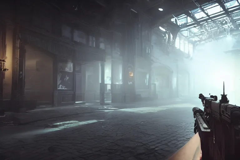 Prompt: a first person shooter game trailer on a victorian shopping mall, cinematic lightning, ray tracing, unreal engine 5, photorealistic, holding a ak - 4 7, fps game concept art, detailed, moody, foggy