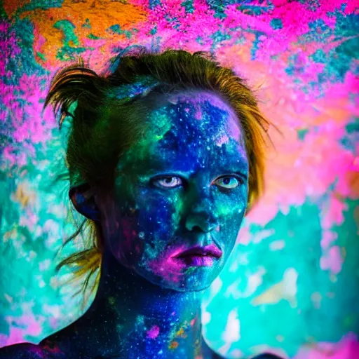 Image similar to a photo of a female made or of geodesic morfed structures, painted her body with ultraviolet paint, 5 0 mm lens, f 1. 4, sharp focus, ethereal, emotionally evoking, head in focus, volumetric lighting, 8 k