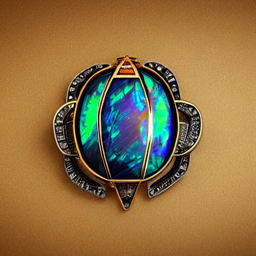 Image similar to jewelry engraved in scarab, beetle, opal diamond, art noveau, art deco, 8k , artstation, render, elegant, album art, artistic, billelis, decorative art