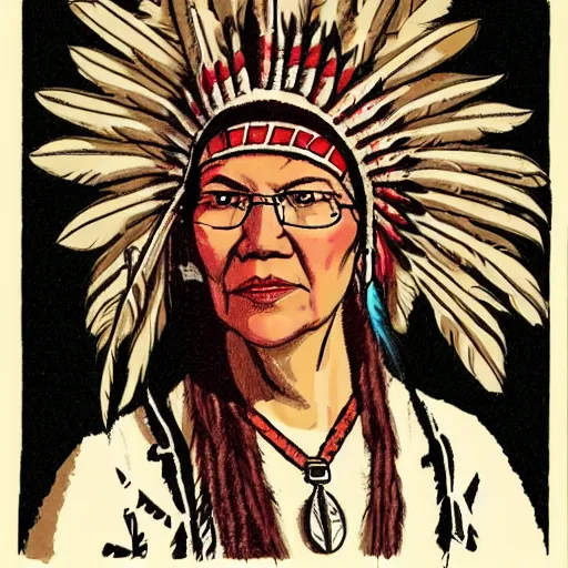 Prompt: the american indian elizabeth warren in a war bonnet lamenting to the the fake news press she is not a man