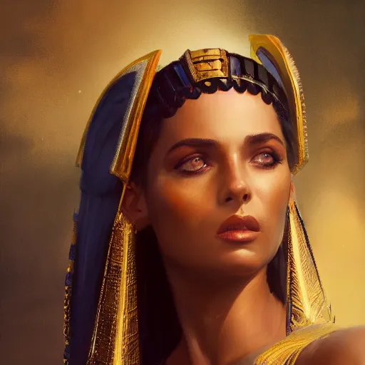 Image similar to closeup portrait of a young mia kunis as cleopatra, palace background, dramatic light, gorgeous view, depth, high detail, digital art, painted by greg rutkowski, trending on artstation