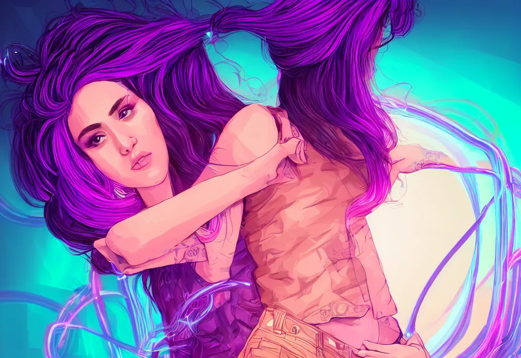 Image similar to a award winning half body portrait of a beautiful woman in a croptop and cargo pants with ombre purple pink teal hairstyle surrounded by whirling illuminated lines, outrun, vaporware, shaded flat illustration, digital art, trending on artstation, highly detailed, fine detail, intricate