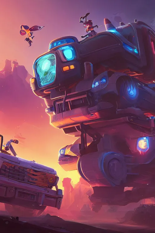 Image similar to pixar style construction truck league of legends wild rift hero champions arcane magic digital painting bioluminance alena aenami artworks in 4 k design by lois van baarle by sung choi by john kirby artgerm style pascal blanche and magali villeneuve sci - fi steampunk construction vehicle