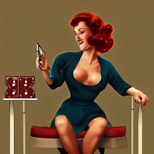 Image similar to a pin up woman playing a videogame, front view, digital art, photoshop, dark lighting, couch