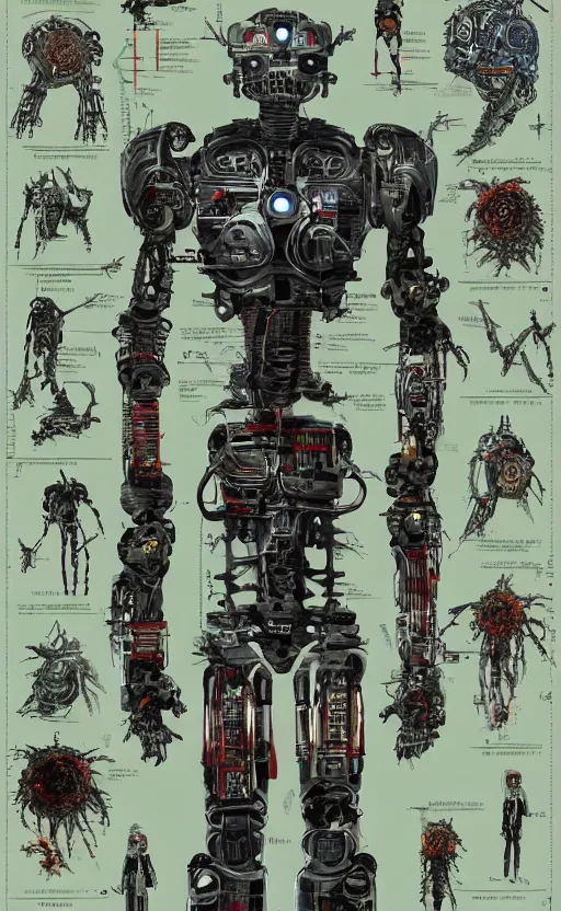 Prompt: anatomy of the terminator, robot, cyborg, t100, bloodborne diagrams, mystical, intricate ornamental tower floral flourishes, rule of thirds, technology meets fantasy, map, infographic, concept art, art station, style of wes anderson