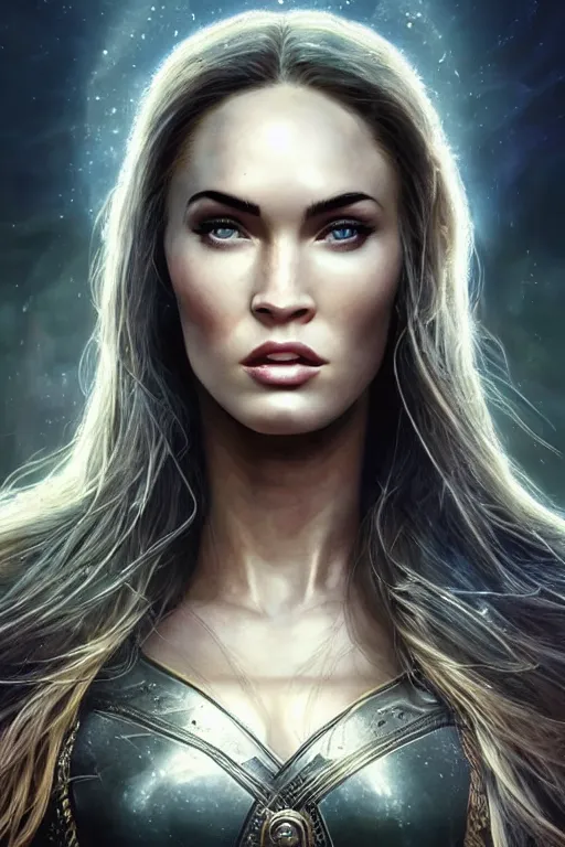 Image similar to Majestic and regal portrait of Megan fox female Thor, Marvel universe, Perfect face, beautiful, intricate, epic, elegant, menacing, fantasy, highly detailed, digital painting, hard focus, beautiful volumetric lighting, epic light, ultra detailed, by Leesha Hannigan, Ross Tran, Thierry Doizon, Kai Carpenter, Ignacio Fernández Ríos