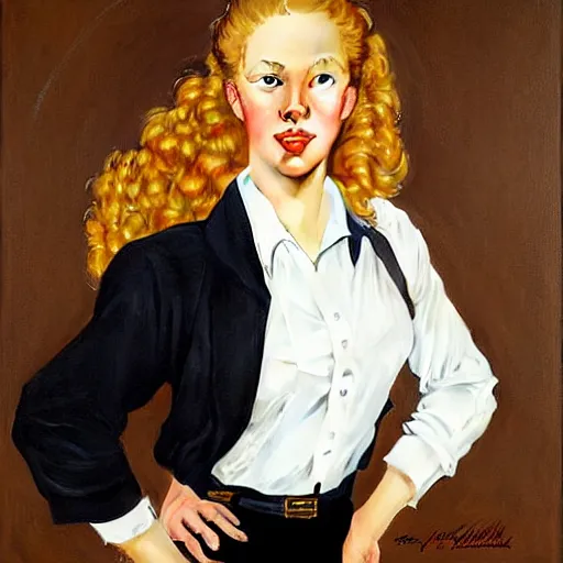 Image similar to beautiful painting of jerma985 with long pale curly blond hair, very very light fluffy curly blond hair, white secretary shirt and black miniskirt, pinup poster by J.C Leyendecker and Norman Rockwell