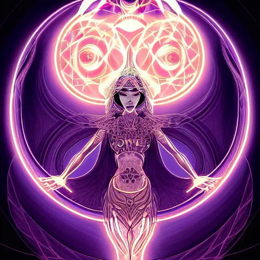 Image similar to a symmetrical portrait of a mystical feminine creature with glowing energies and particals, metal scales, surrounded by spirits, gloomy cinematic lighting, highly detailed, illustrated novel style, comic