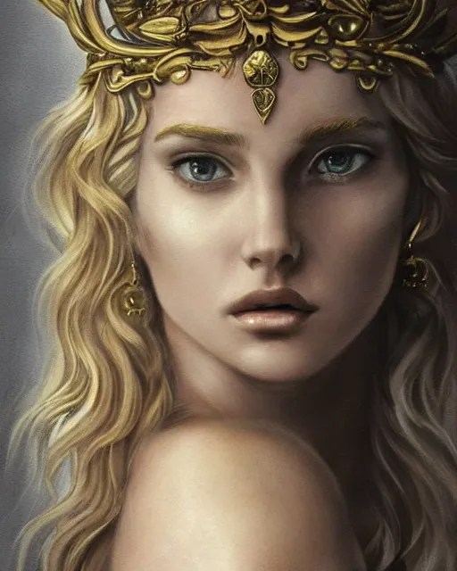 Image similar to tattoo sketch of blonde super model aphrodite greek goddess wearing a gold laurel wreath and triangle earrings, beautiful piercing gaze with sharp pupils, in the style of greg rutkowski, fantasy, amazing detail, epic, elegant, smooth, sharp focus, front view