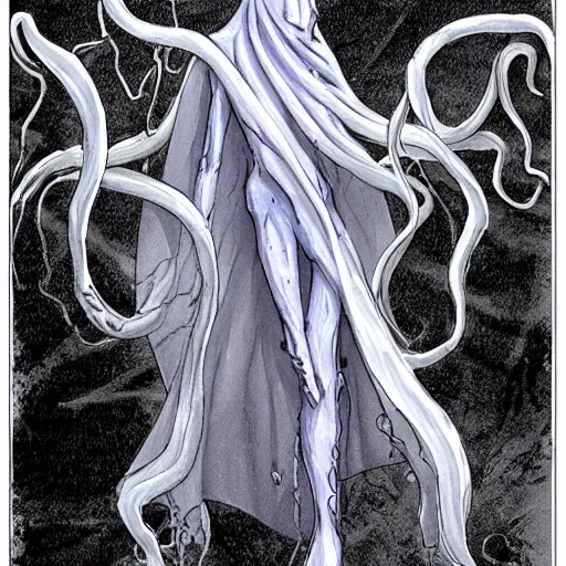 Image similar to concept designs for an ethereal ghostly wraith like figure with a squid like parasite latched onto its head and long tentacle arms that flow lazily but gracefully at its sides like a cloak while it floats around a frozen rocky tundra in the snow searching for lost souls and that hides amongst the shadows in the trees, this character has hydrokinesis and electrokinesis for the resident evil village video game franchise with inspiration from the franchise Bloodborne and the mind flayer from stranger things on netflix